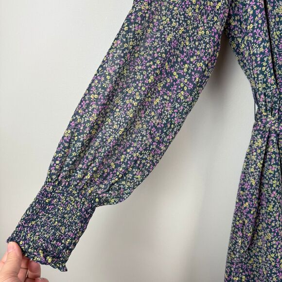 Boden Smocked Yoke Mini Dress Women's 20 Blue Pleated Tie Belt Cuff Sleeve Boho - Picture 7 of 10